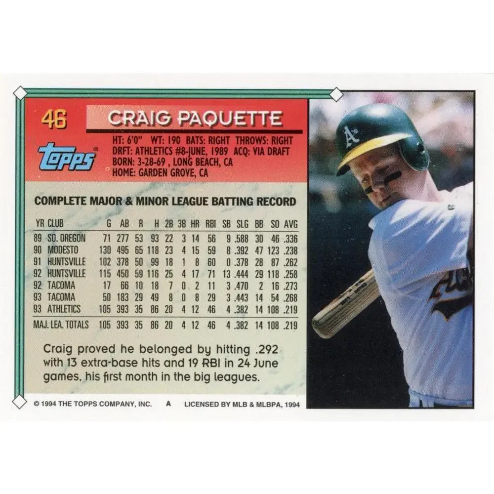 1994 Topps Craig Paquette # 46 Oakland Athletics